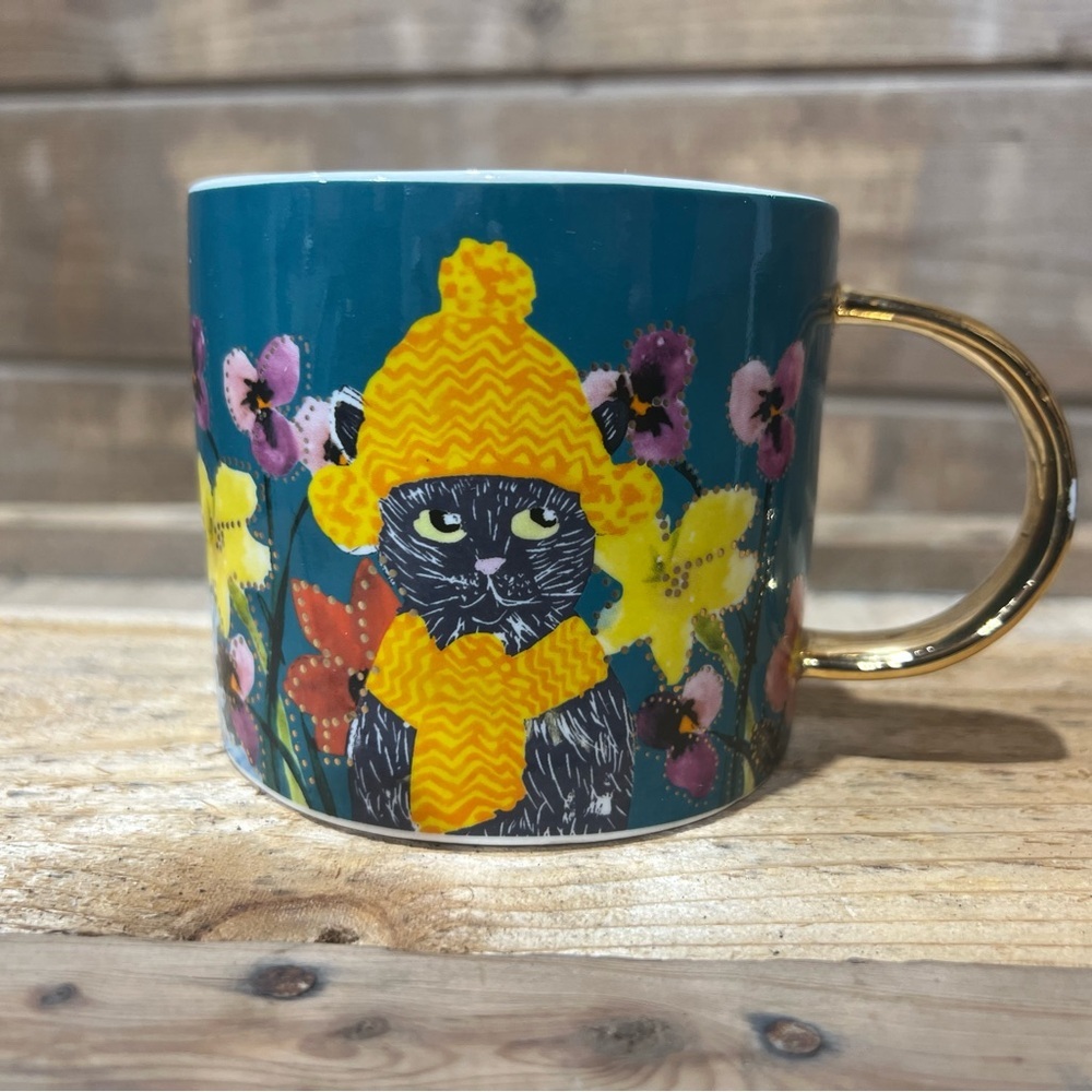 Anthropologie Francesca Kaye Floral Black Feline Cat Atelier Mug Cup Gold Handle